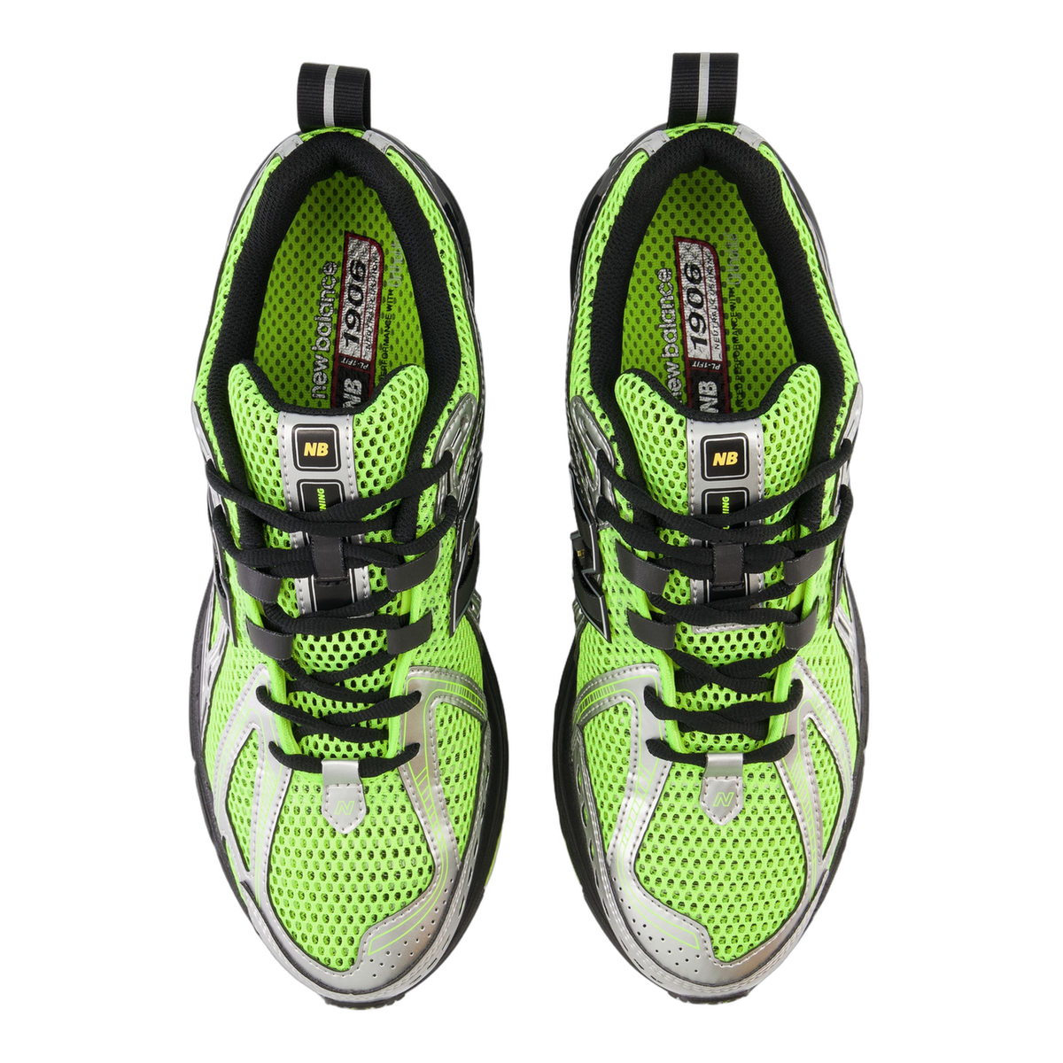 Top-down view of a pair of New Balance 1906R sneakers in volt green mesh with black laces and silver overlays, showing the 1906 insole branding