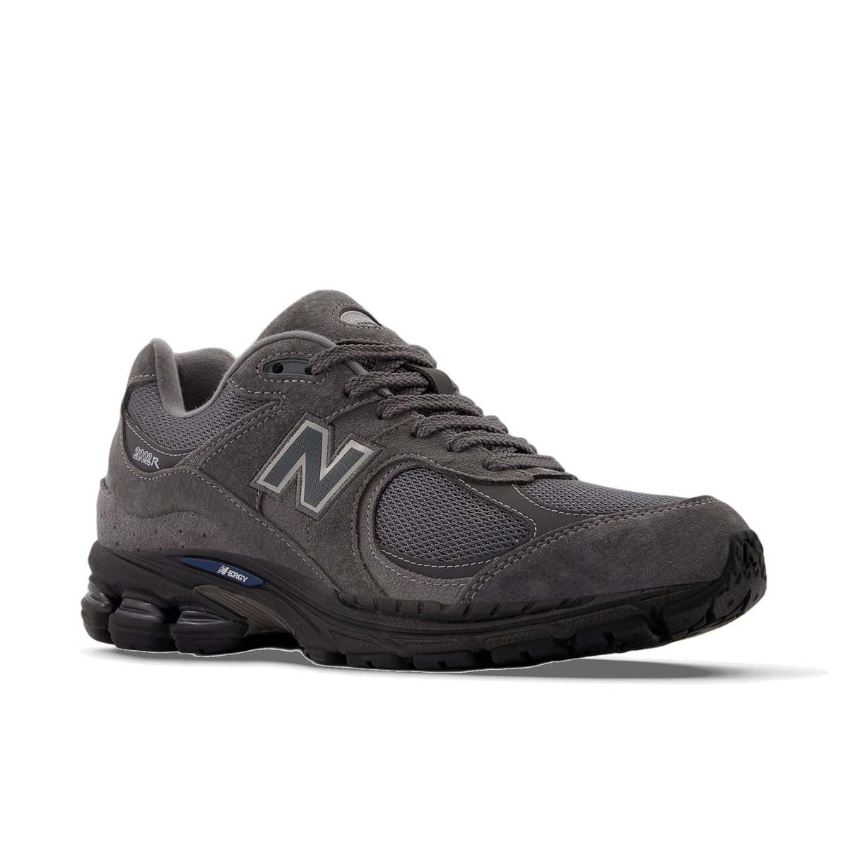 Angled side view of a gray New Balance 2002R sneaker with suede and mesh panels, a gray N logo, black outsole, and navy blue accent on the midsole.