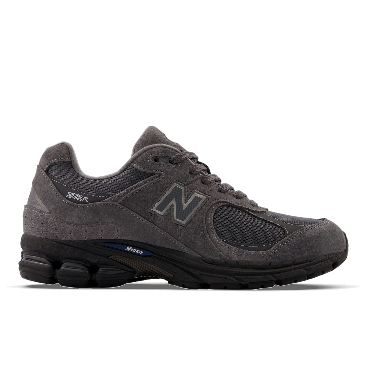 Gray suede and mesh New Balance 2002R sneaker with dark N logo, black midsole, and blue Ergy branding, shown from the right side with toe pointing right