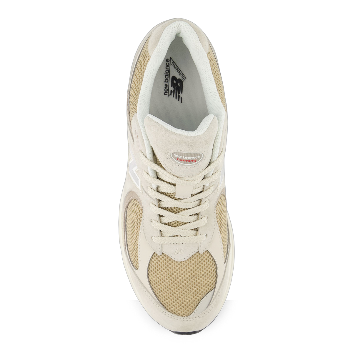 Top-down view of a beige New Balance 2002R sneaker with suede and mesh panels, white laces, and a New Balance Running tongue tag