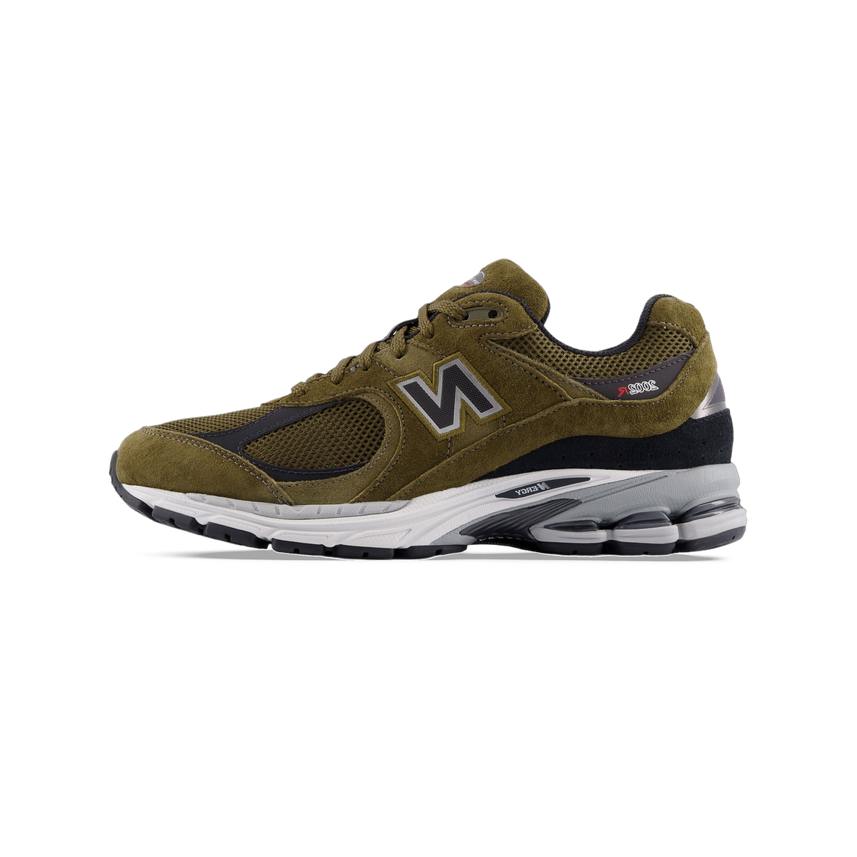 Lateral view of an olive green New Balance 2002R sneaker with black suede overlays, grey N logo, and a white and grey midsole with black outsole.