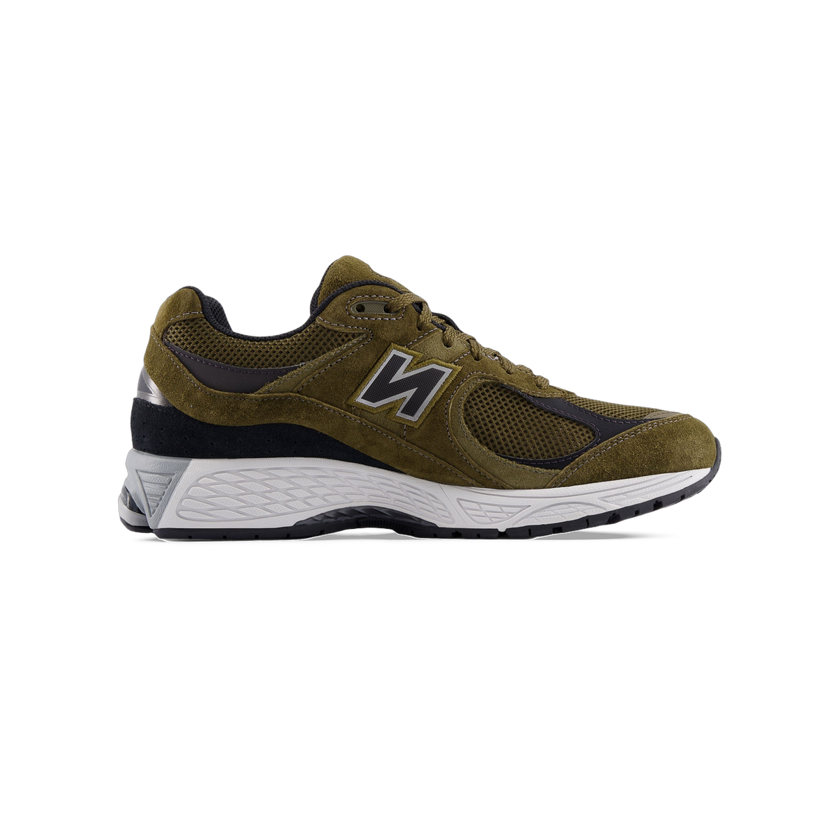 Side view of an olive green New Balance 2002R sneaker with black accents, a grey N logo, and a white midsole.