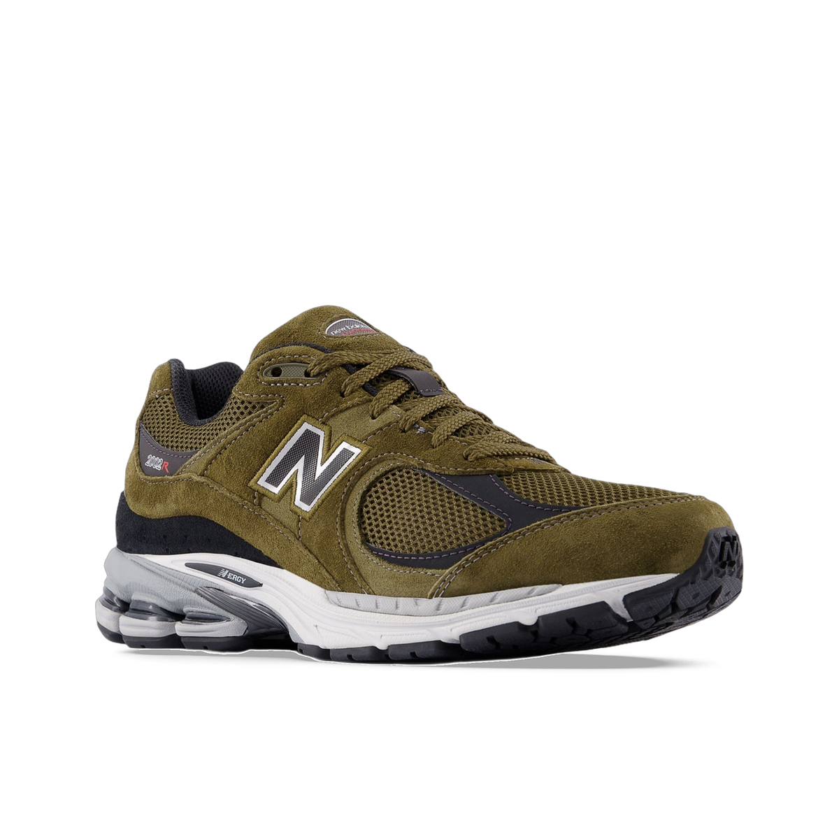 Angled side view of an olive green New Balance 2002R sneaker with black overlays, mesh panels, white N logo, and a white and black midsole