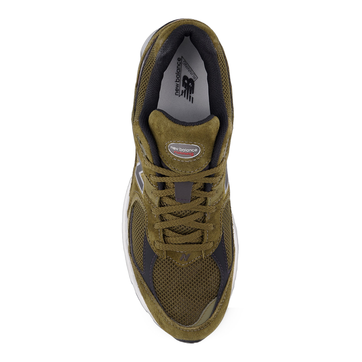 Top-down view of a single olive green New Balance 2002R sneaker with black accents, mesh panels, and a grey New Balance branded tongue and insole.