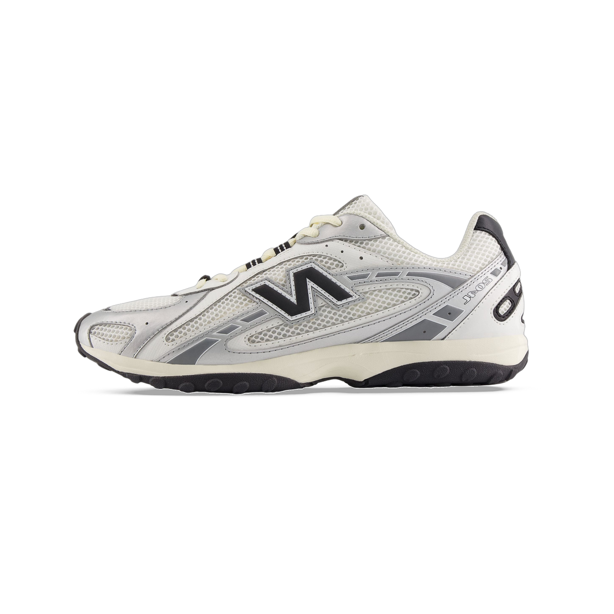 Side view of a New Balance 204L sneaker in white and silver mesh with black N logo, black heel accent, and black rubber outsole