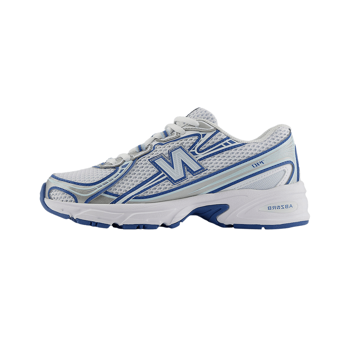 Side view of a white New Balance 740 sneaker with blue overlays, silver N logo, and blue ABZORB midsole, toe pointing left.