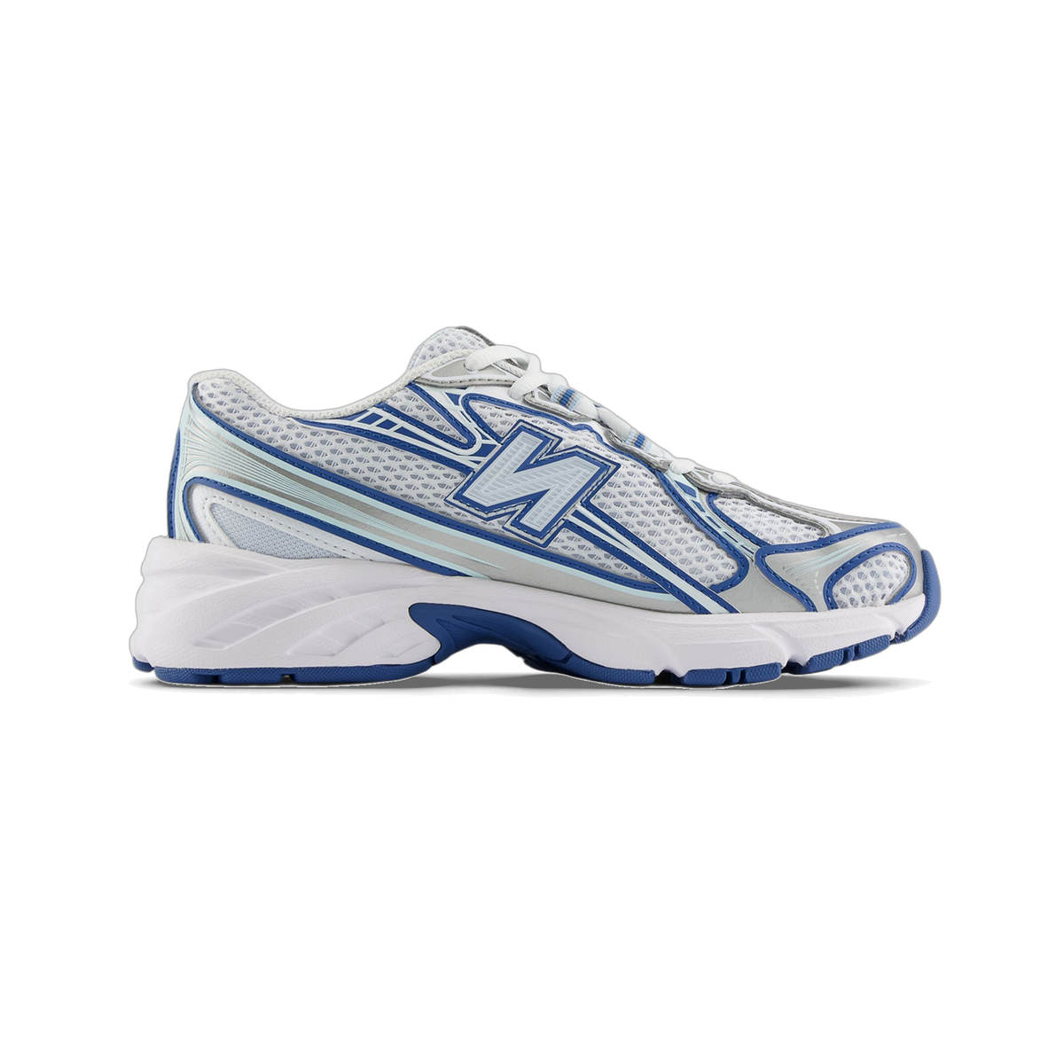 Left side view of a white New Balance 740 sneaker with blue overlays, a blue N logo, mesh upper, and a white midsole with blue accents.