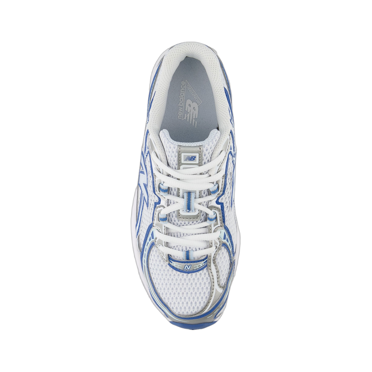 Top-down view of a white and blue New Balance 740 sneaker showing the laces, mesh upper, and branded insole