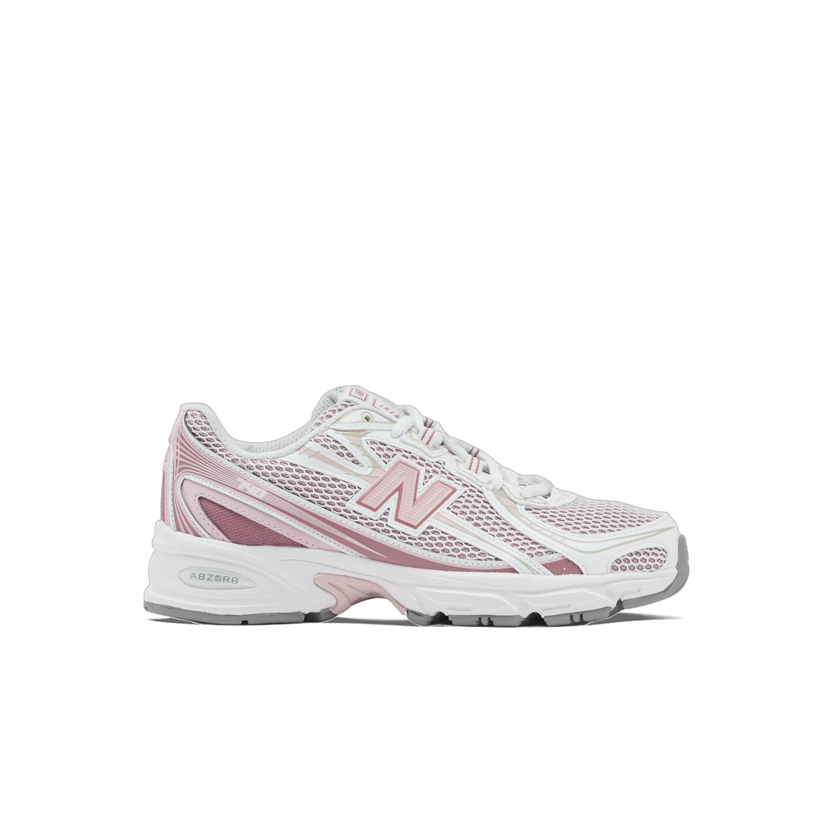 Side view of a white New Balance 740 sneaker with rosewood pink overlays, mesh upper, and ABZORB cushioned midsole, toe pointing left.