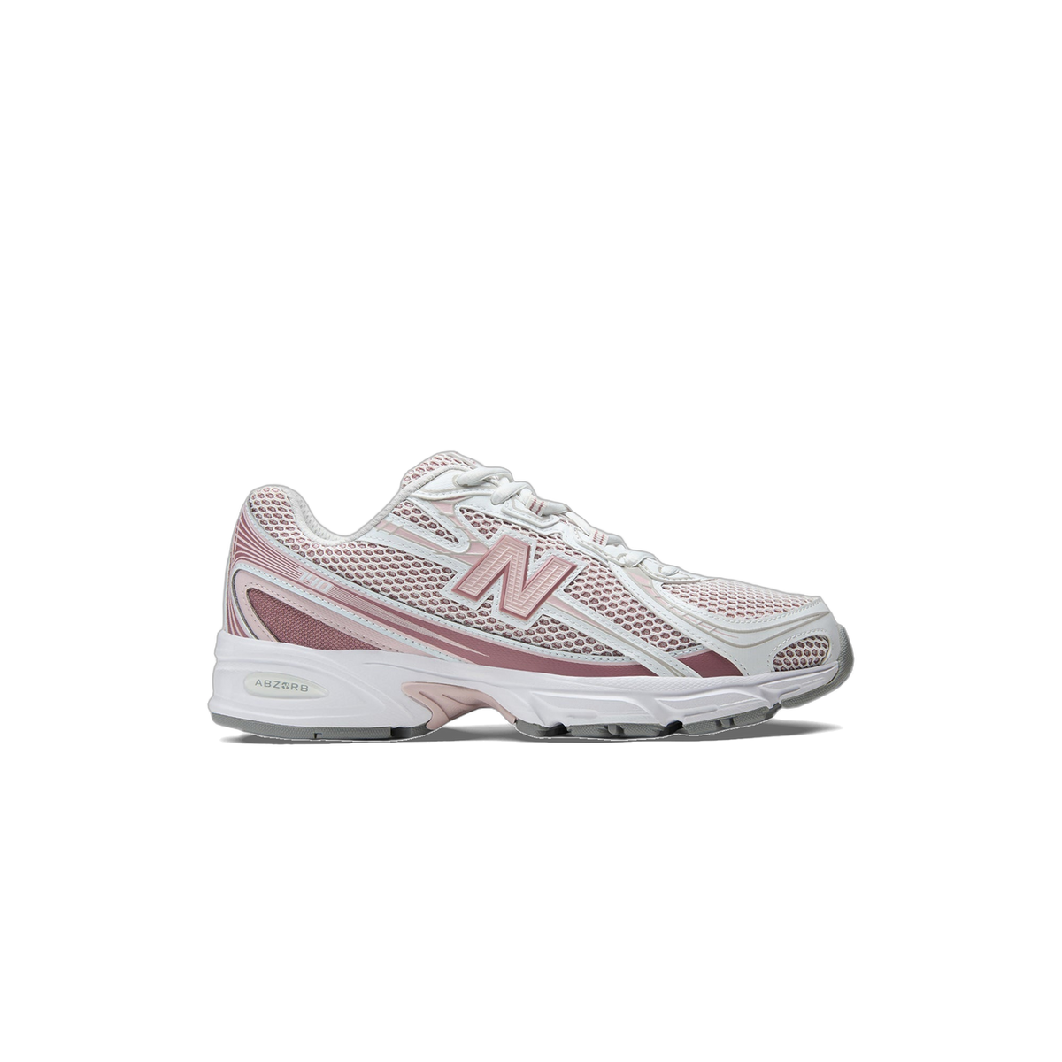Right-facing view of a white New Balance 740 sneaker with rosewood pink mesh overlays and a white ABZORB midsole with grey outsole.