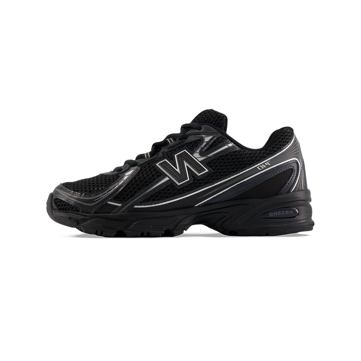 Side view of a black New Balance 740v2 running shoe with silver N logo and Abzorb cushioning visible on the midsole.