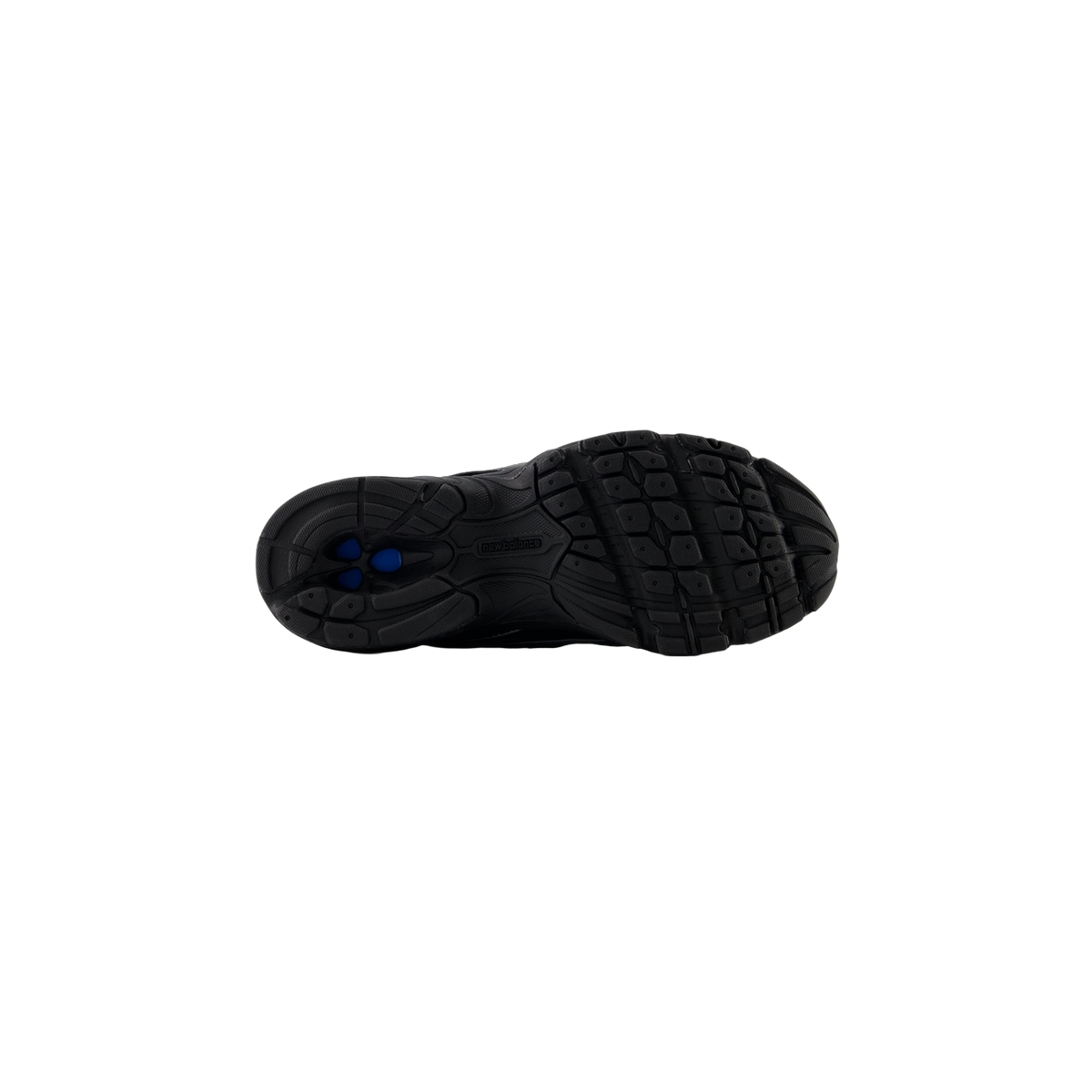 Bottom view of a black New Balance 740v2 sneaker showing the treaded outsole with New Balance logo and blue accents in the heel