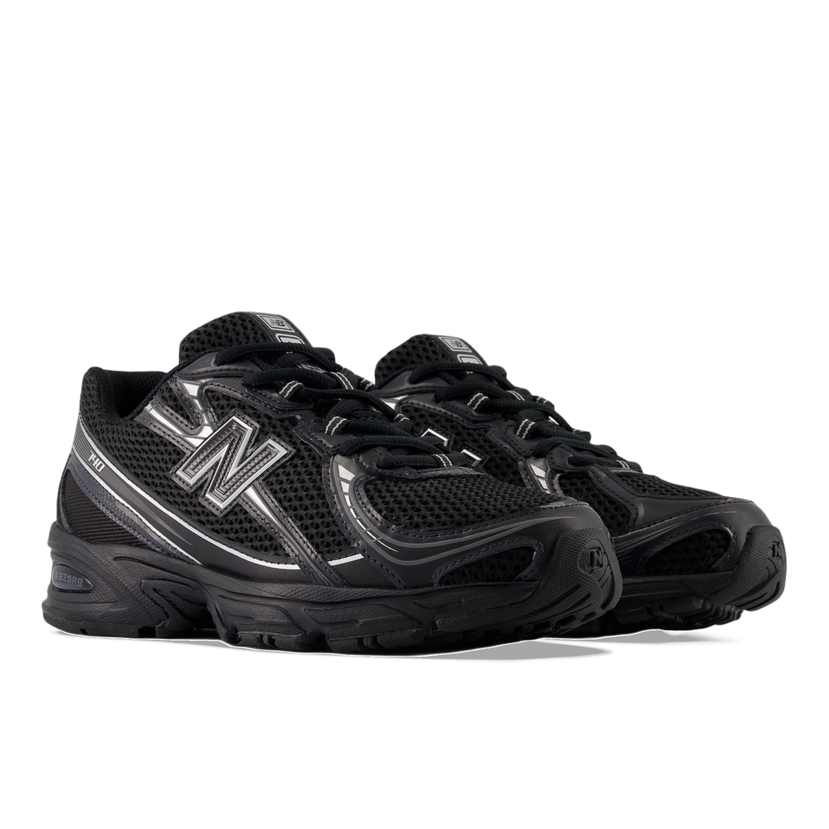 Pair of black New Balance 740v2 sneakers with silver N logo and mesh upper, shown at an angled front view