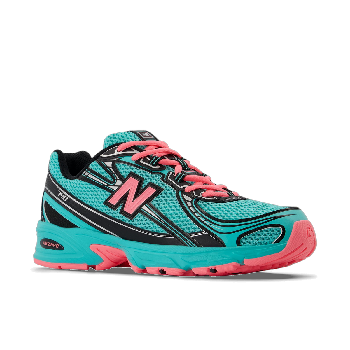 Left New Balance 740v2 sneaker in teal mesh with pink laces, pink N logo, black overlays, and a teal and pink midsole, shown from an angled side view with toe pointing left.