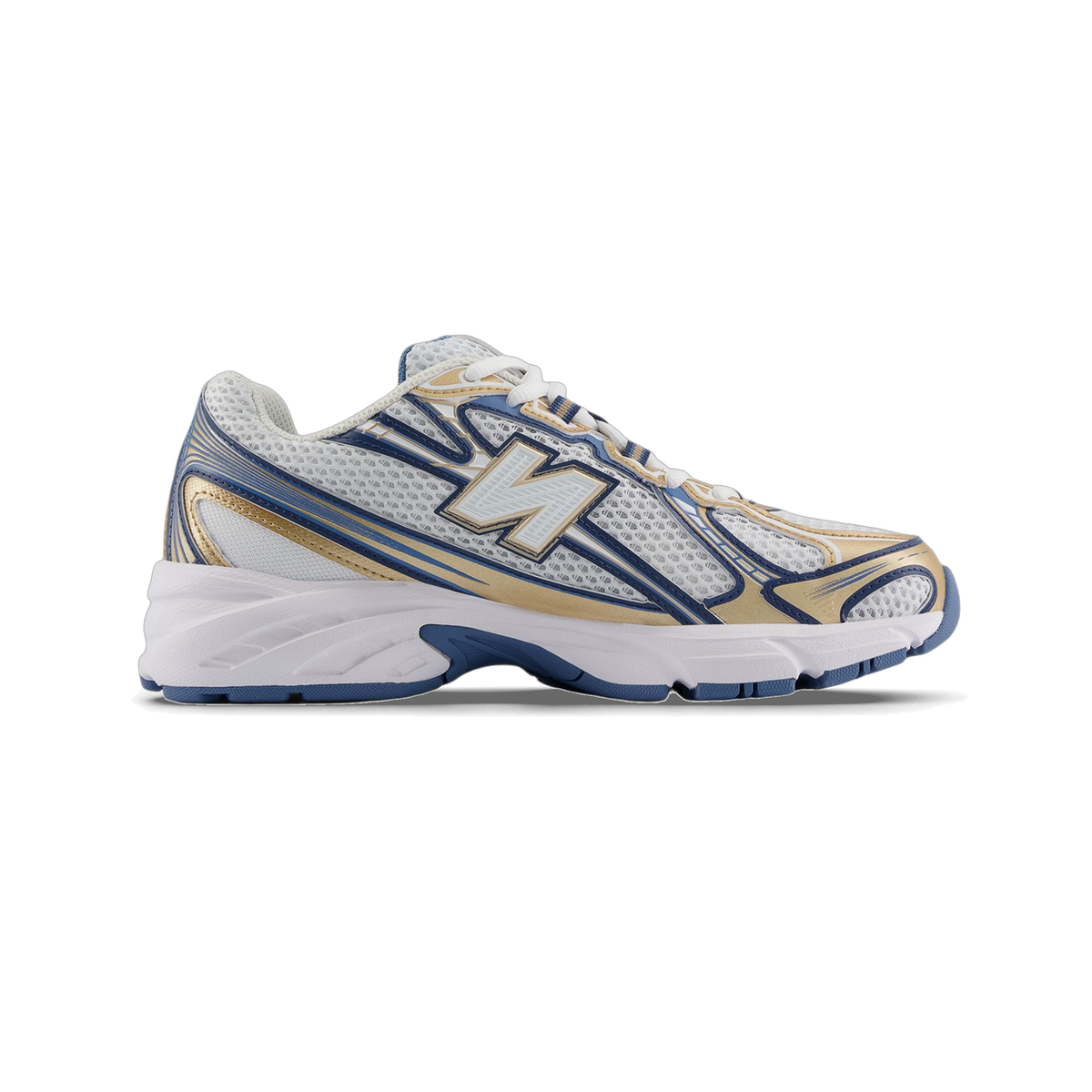 Side view of a white New Balance 740v2 sneaker with navy blue and gold accents and a mesh upper, toe pointing left.