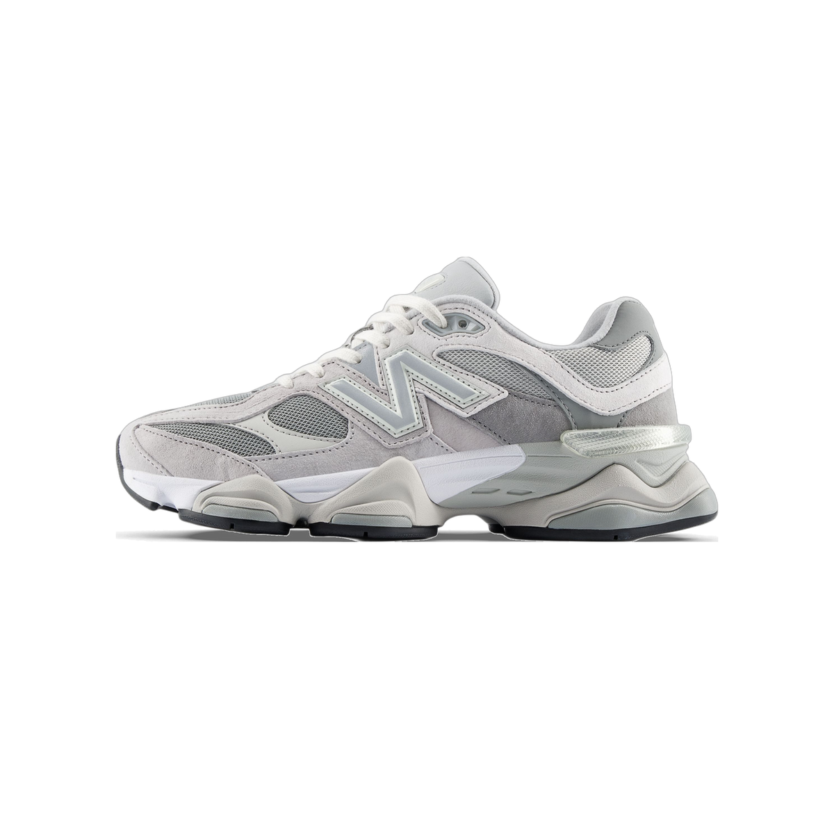 Left side view of a gray and beige New Balance 9060 sneaker with mesh panels and the N logo, toe pointing left
