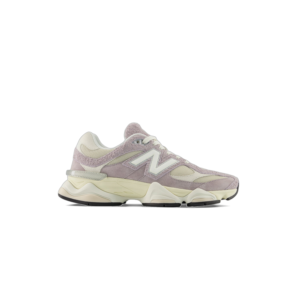 Side view of a lavender and cream New Balance 9060 sneaker with white N logo and chunky off-white midsole, toe pointing left.