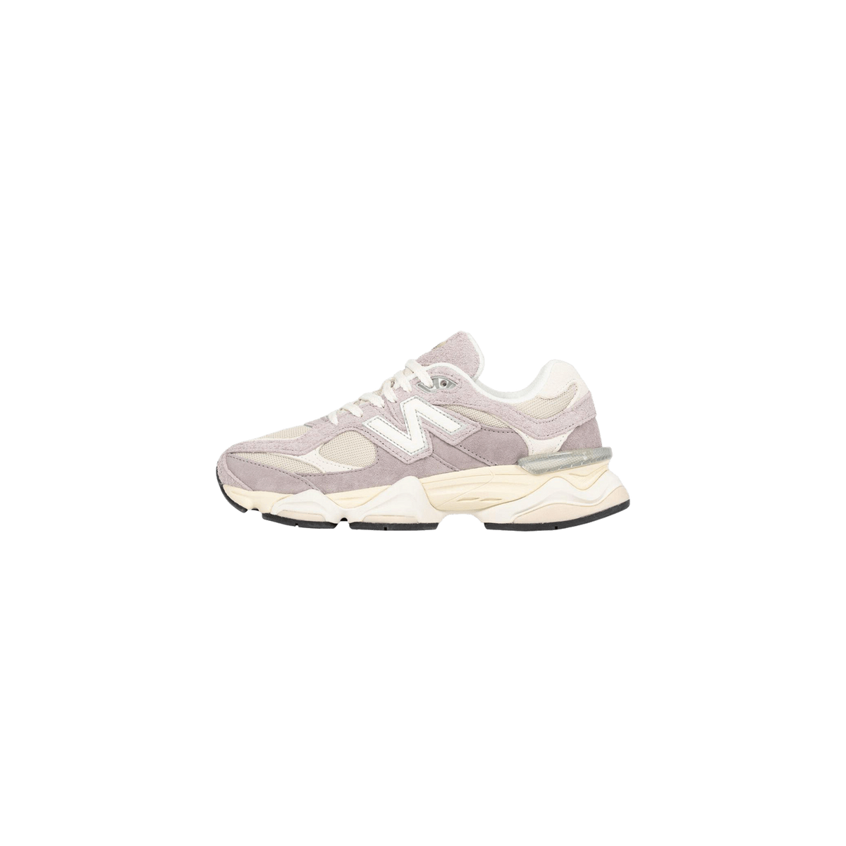 Side view of a New Balance 9060 sneaker in grey and beige suede and mesh, toe pointing left, with white N logo and cream midsole.