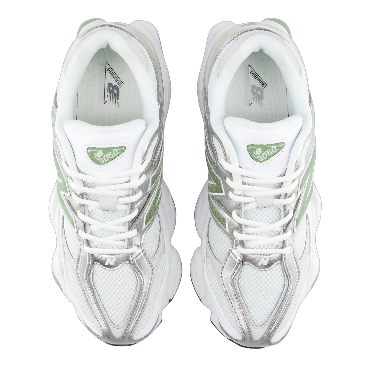 Top-down view of a pair of New Balance 9060 sneakers in white, silver, and sage green with 9060 branding on the tongue.