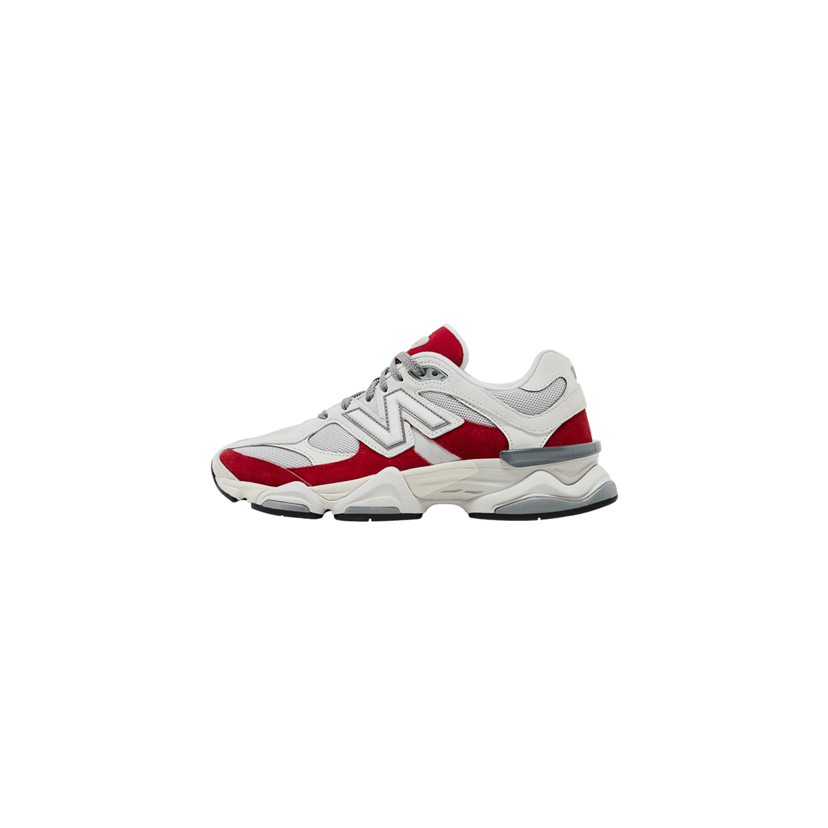 Side view of a white and red New Balance 9060 sneaker with toe pointing left, showing the grey N logo and chunky white midsole with grey accents.
