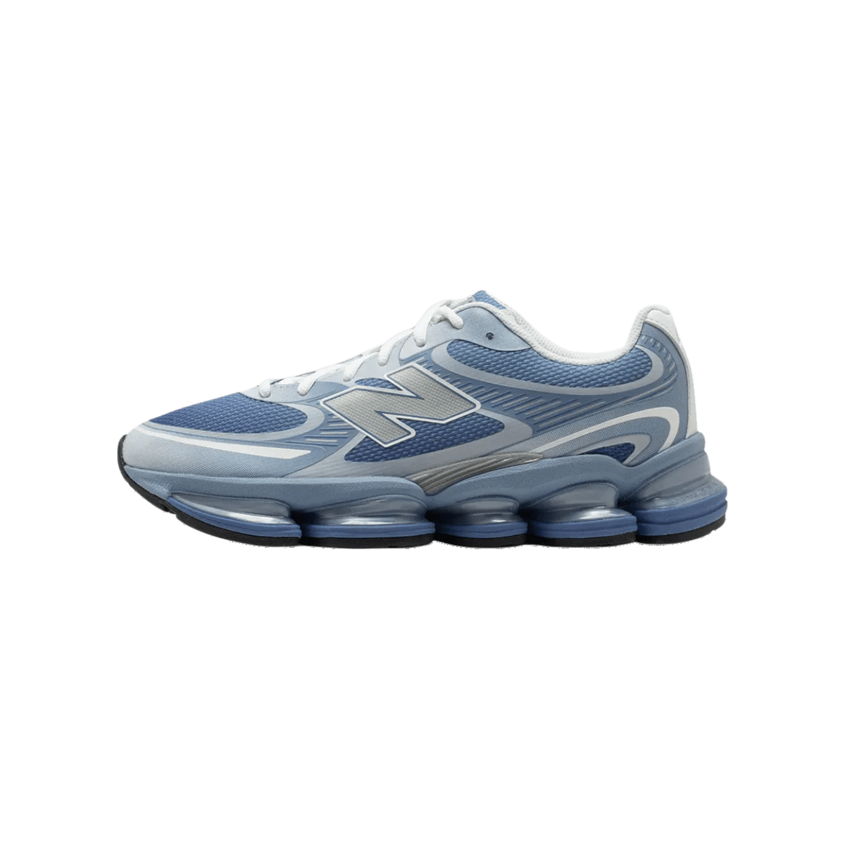 Lateral view of a blue and white New Balance sneaker with a silver N logo and segmented Abzorb bubble midsole, toe pointing left.