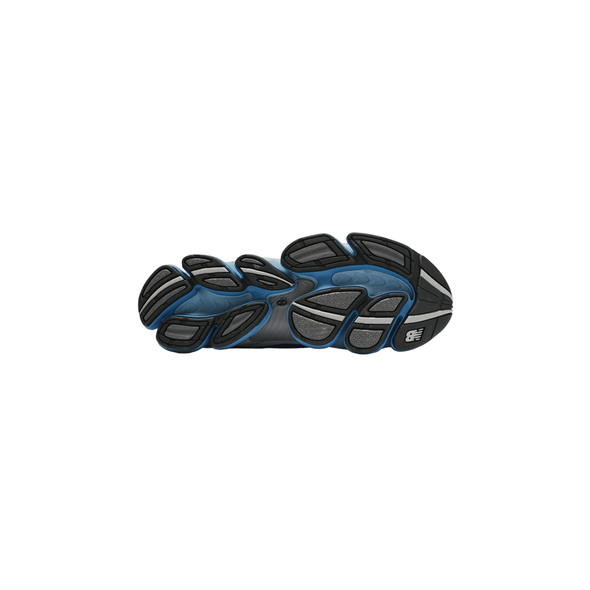 Bottom view of a single New Balance sneaker showing a segmented black, grey, and blue outsole with New Balance logo near the heel.