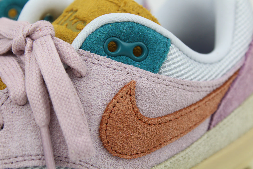 Nike Air Max 1 ’87 Premium “Tan Lines” with patchwork suede panels in Plum Fog and Burnt Sunrise. December 2023 release. Shop now!