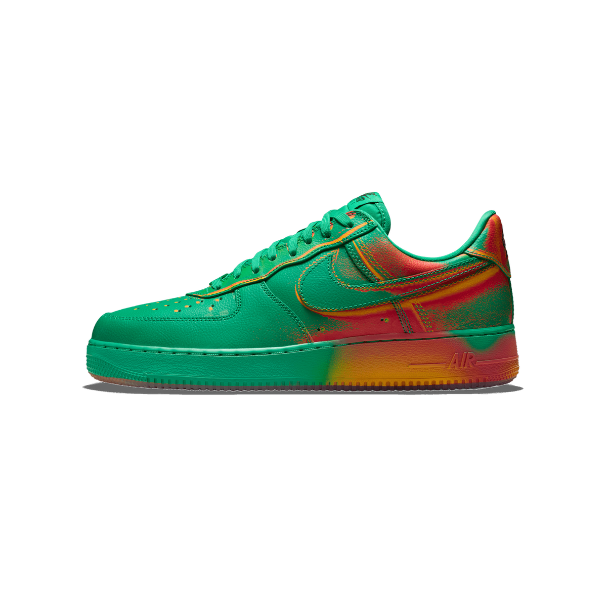 Left Nike Air Force 1 Low shown from the outside, green leather with a red and orange spray-paint gradient fading across the heel, swoosh, and midsole