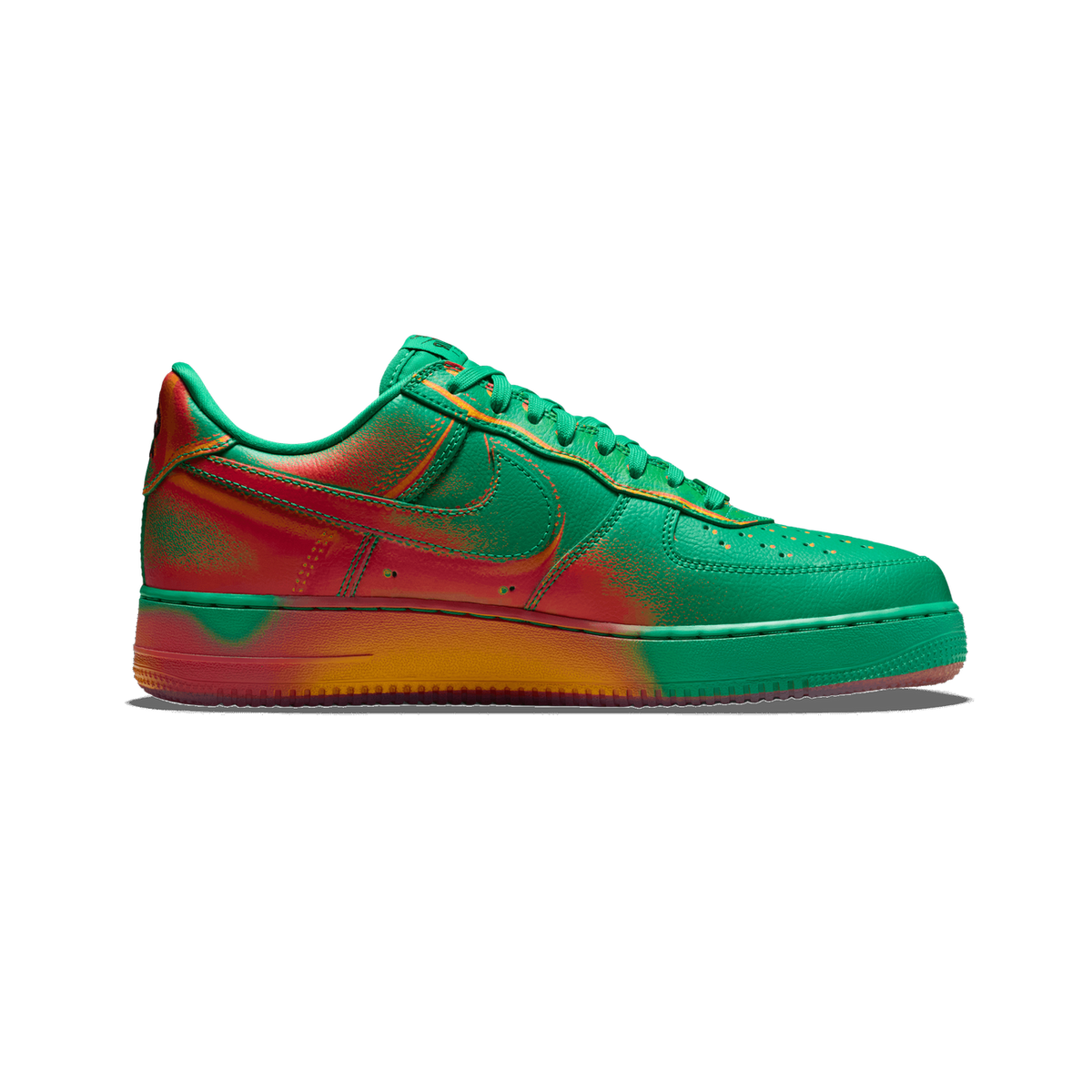 Left Nike Air Force 1 Low sneaker in green with a red and orange gradient spray effect across the upper and sole, toe pointing left