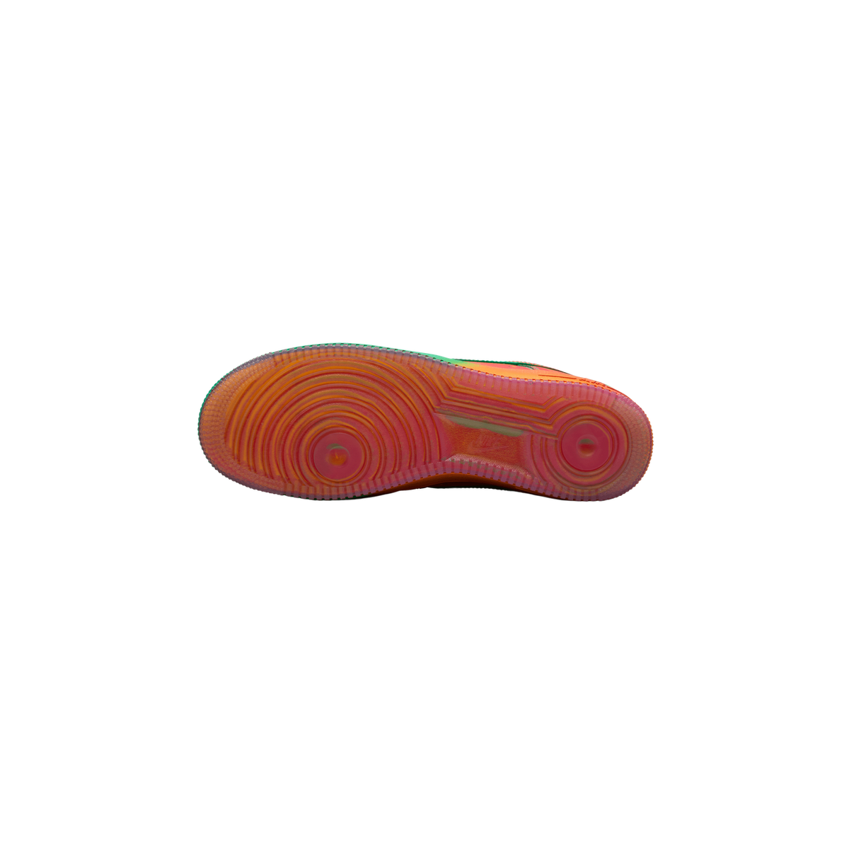 Bottom view of a Nike Air Force 1 Low showing a pink and orange concentric circle tread pattern with green trim along the edge