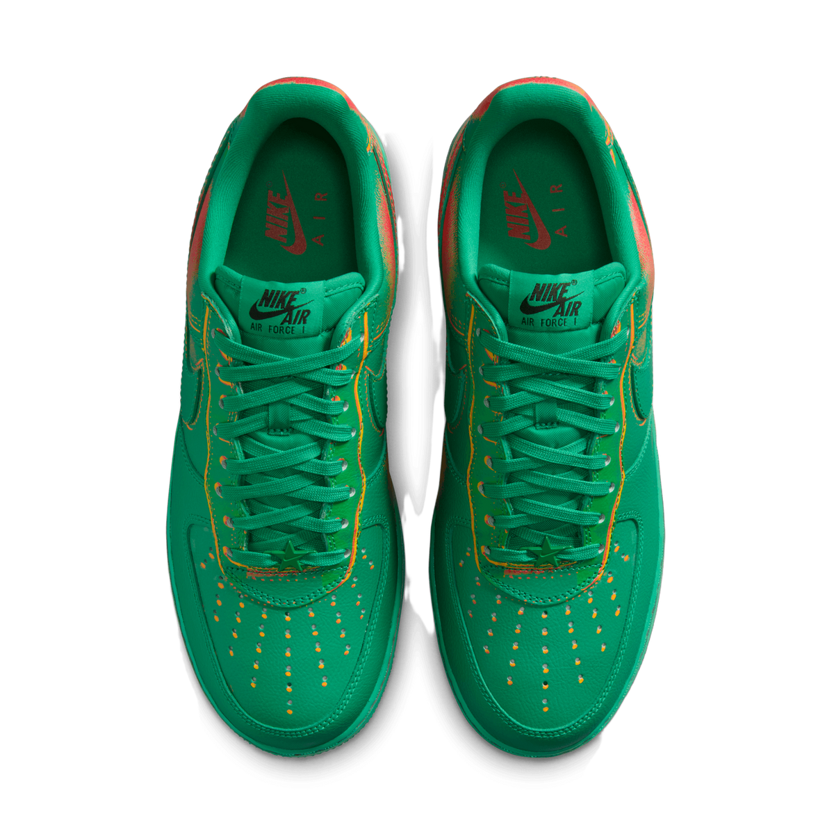 Top-down view of a pair of green Nike Air Force 1 Low sneakers with crimson accents near the collar and Nike Air tongue branding, laces tied toward the toe.