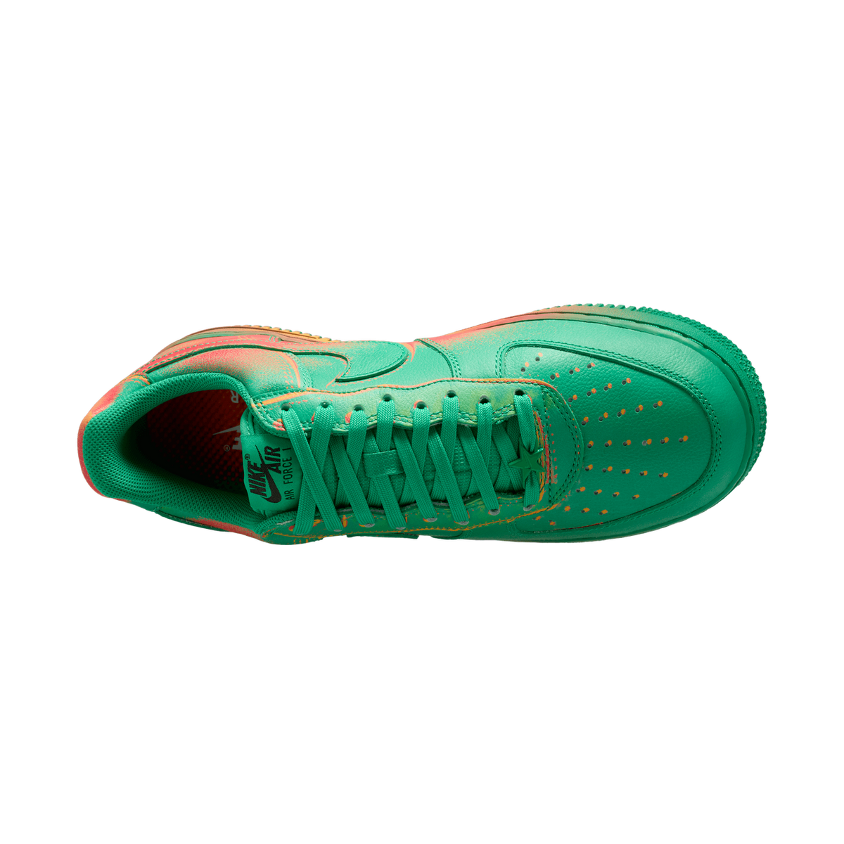 Top-down view of a green Nike Air Force 1 Low with crimson accents visible at the heel and tongue, green laces, and a green Nike Air tongue tag.