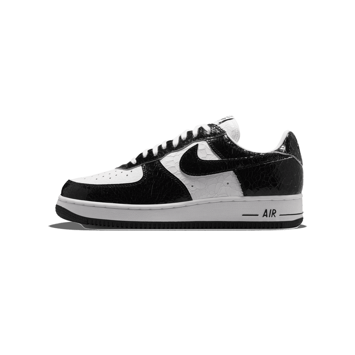 Side view of a black and white Nike Air Force 1 Low sneaker with a cracked patent leather texture, white laces, and a black swoosh, toe pointing left.