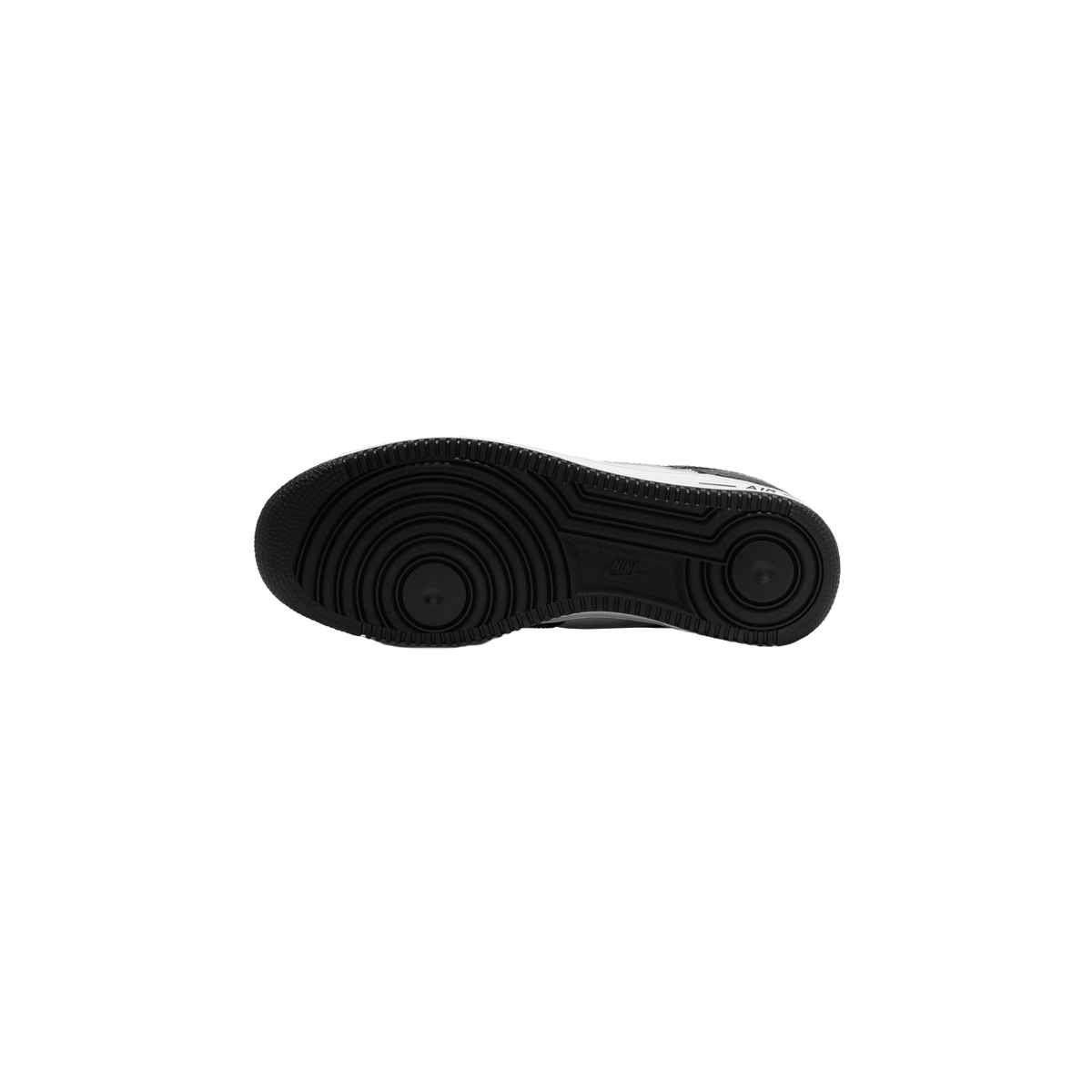 Bottom view of a black Nike Air Force 1 Low showing the black ribbed rubber outsole with circular heel and forefoot tread pattern and Nike text molded near the heel.