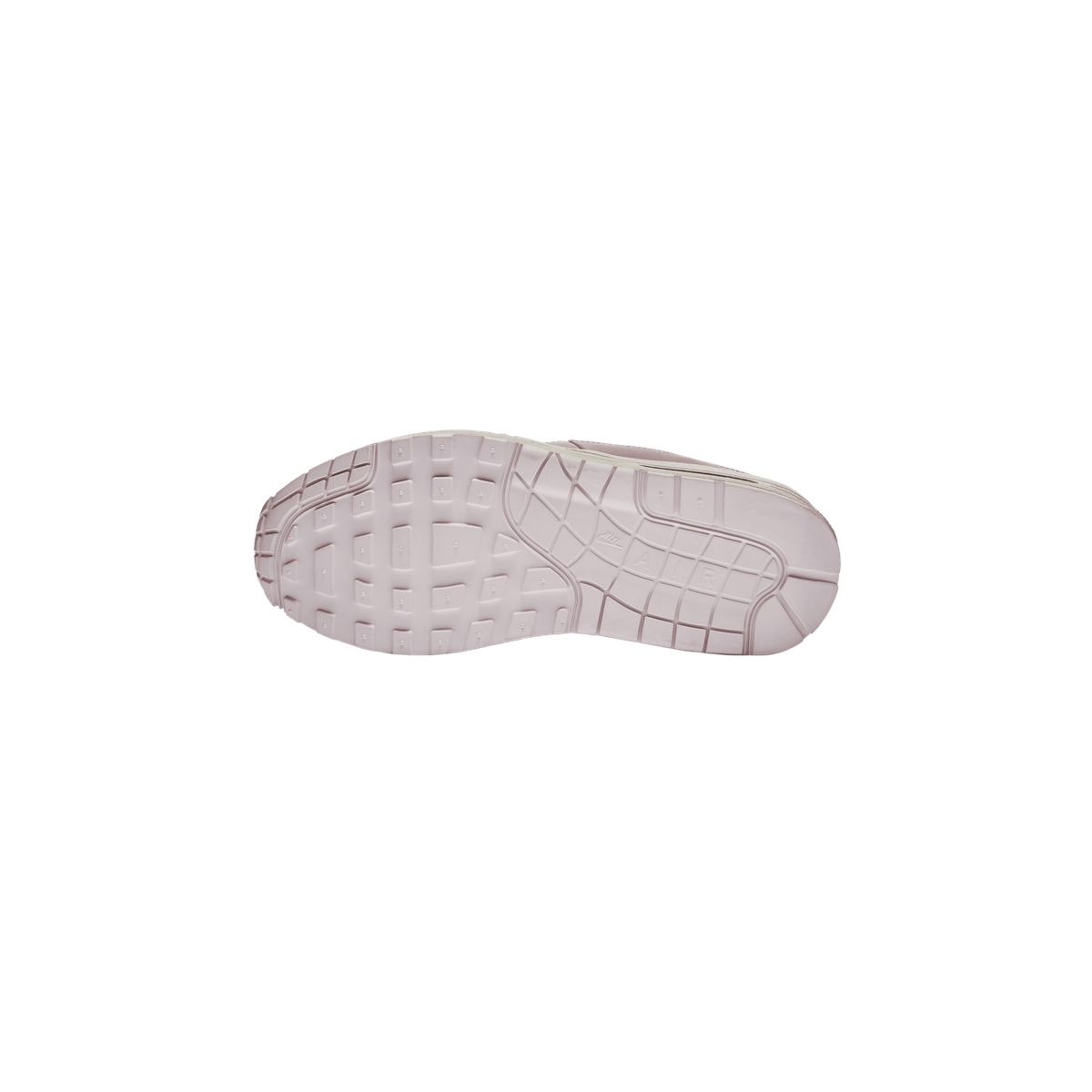 Underside of a single pale mauve-pink Nike Air Max 1 sneaker showing the full outsole tread pattern, with the Nike swoosh and 'AIR' lettering visible on the heel area.