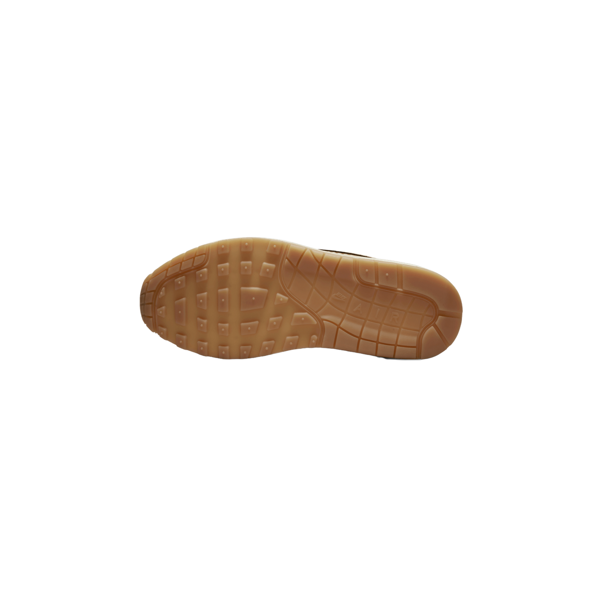 Bottom view of a Nike Air Max 1 showing the gum rubber outsole with waffle tread pattern and Nike Air text molded near the heel