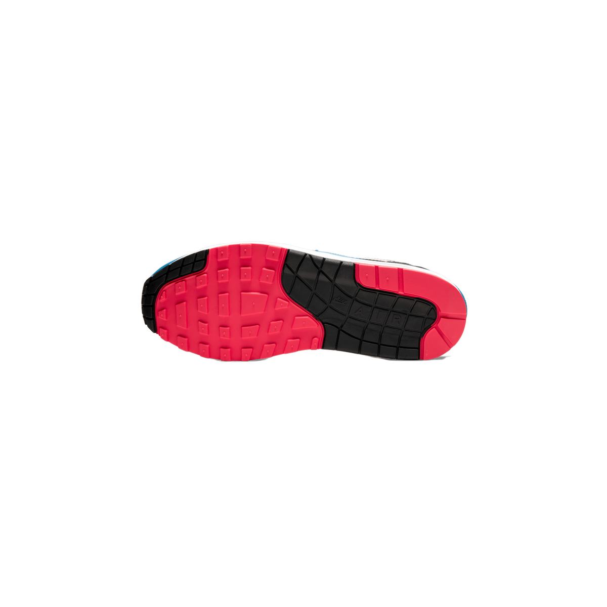 Underside of a sneaker showing a red and black outsole with a grid-patterned tread, a Nike Swoosh logo and the letters 'AIR' printed on the black midsole section, and a blue upper edge visible at the sides.