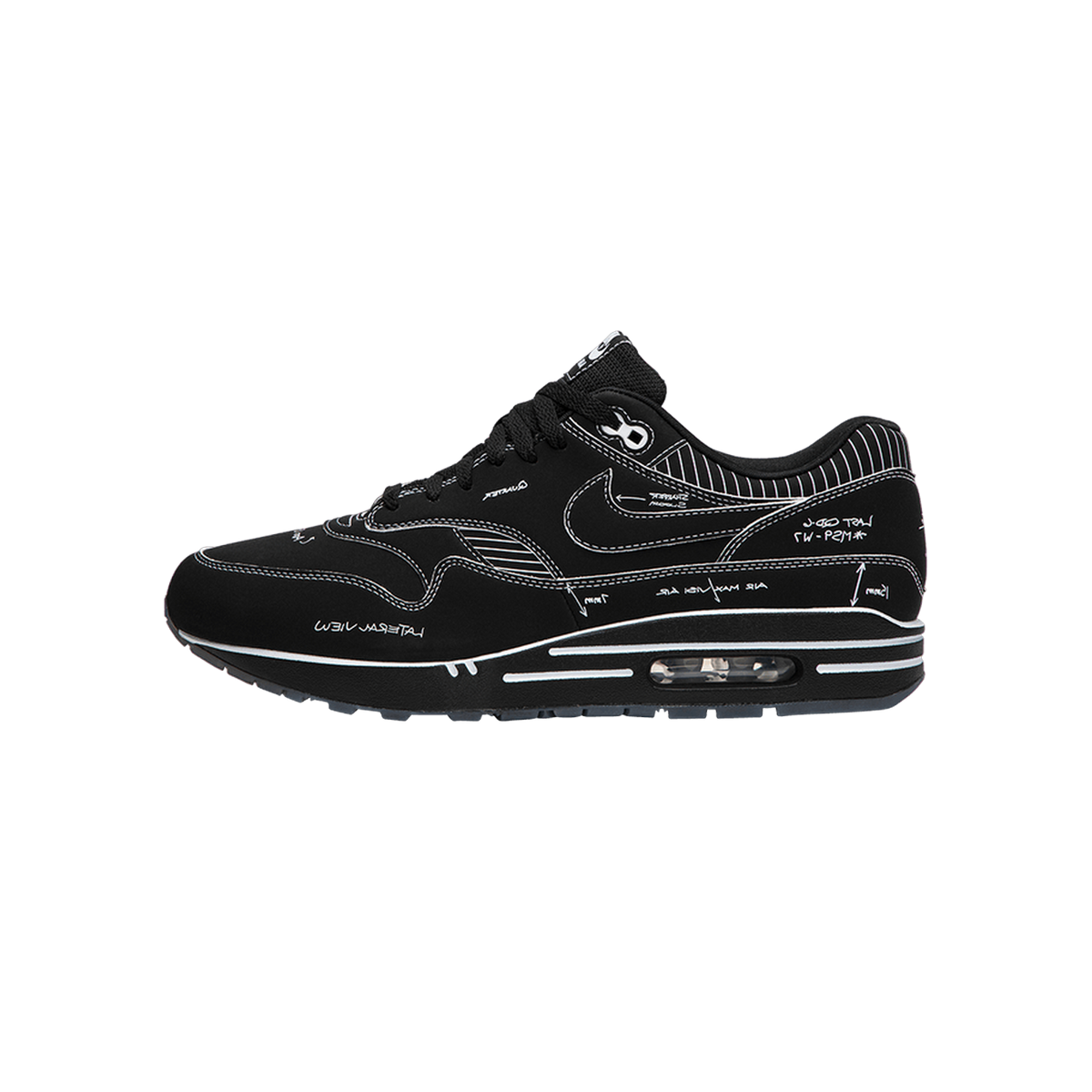 Lateral view of a black Nike Air Max 1 with white sketch-style stitching and handwritten construction annotations covering the upper.