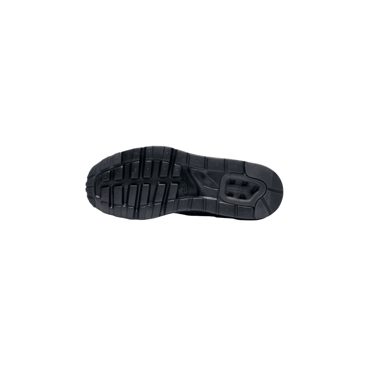 Bottom view of a Nike Air Max 1 Ultra Flyknit showing the black rubber outsole tread with visible Nike and Air branding