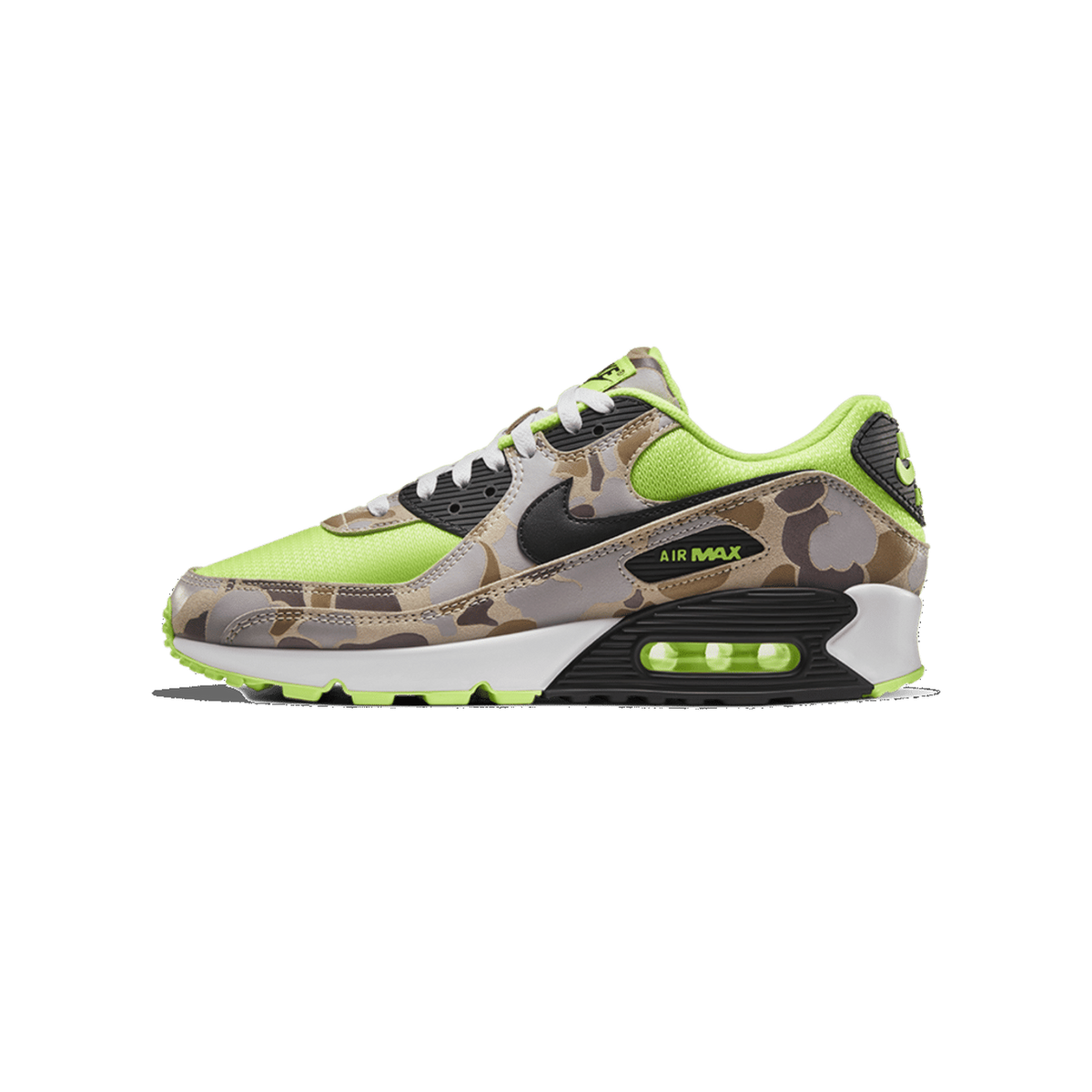 Side view of a Nike Air Max 90 sneaker in green with brown and grey camouflage panels, a black swoosh, and white laces and midsole.