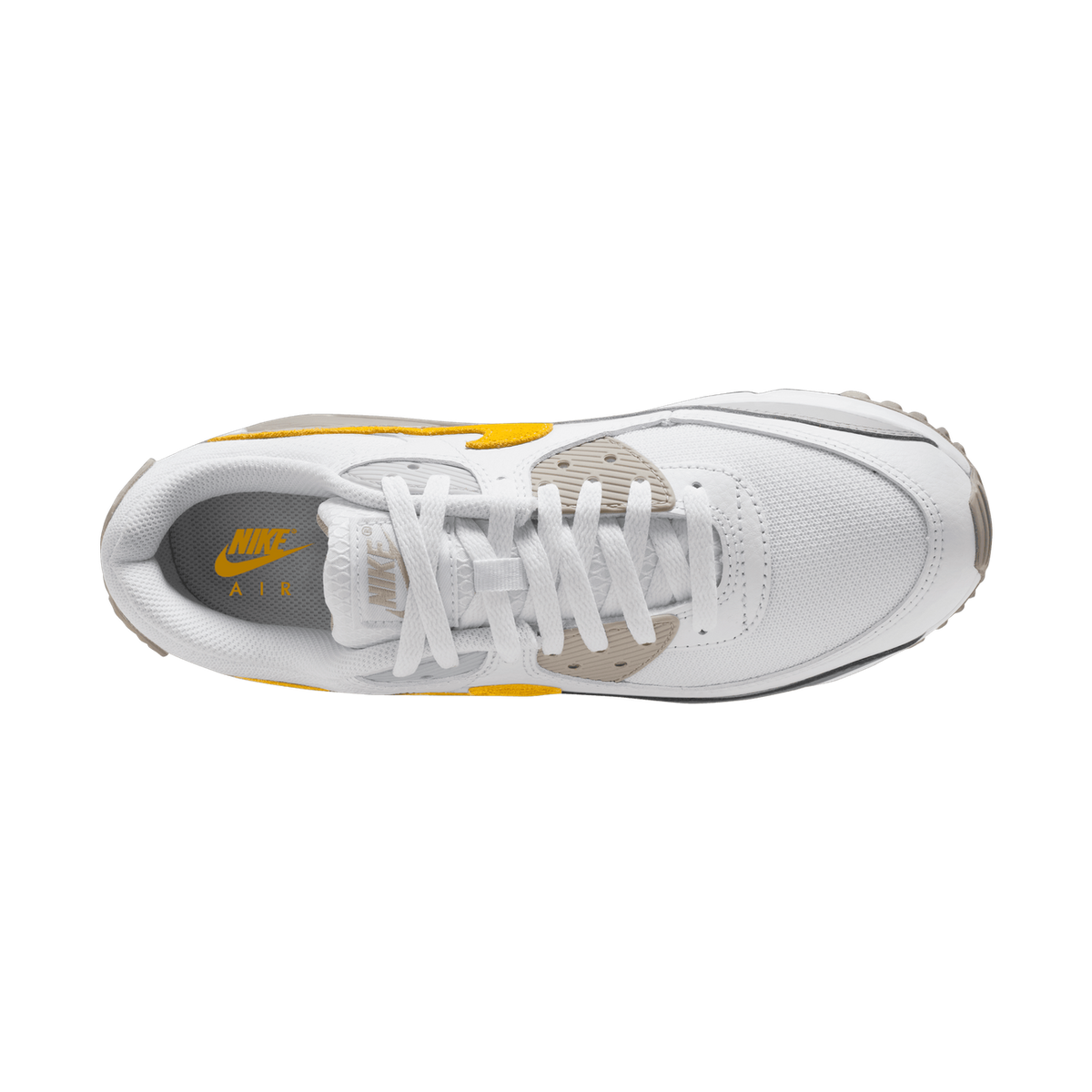 Top-down view of a white Nike Air Max 90 sneaker with tan and orange accents and a Nike Air branded insole visible through the laces