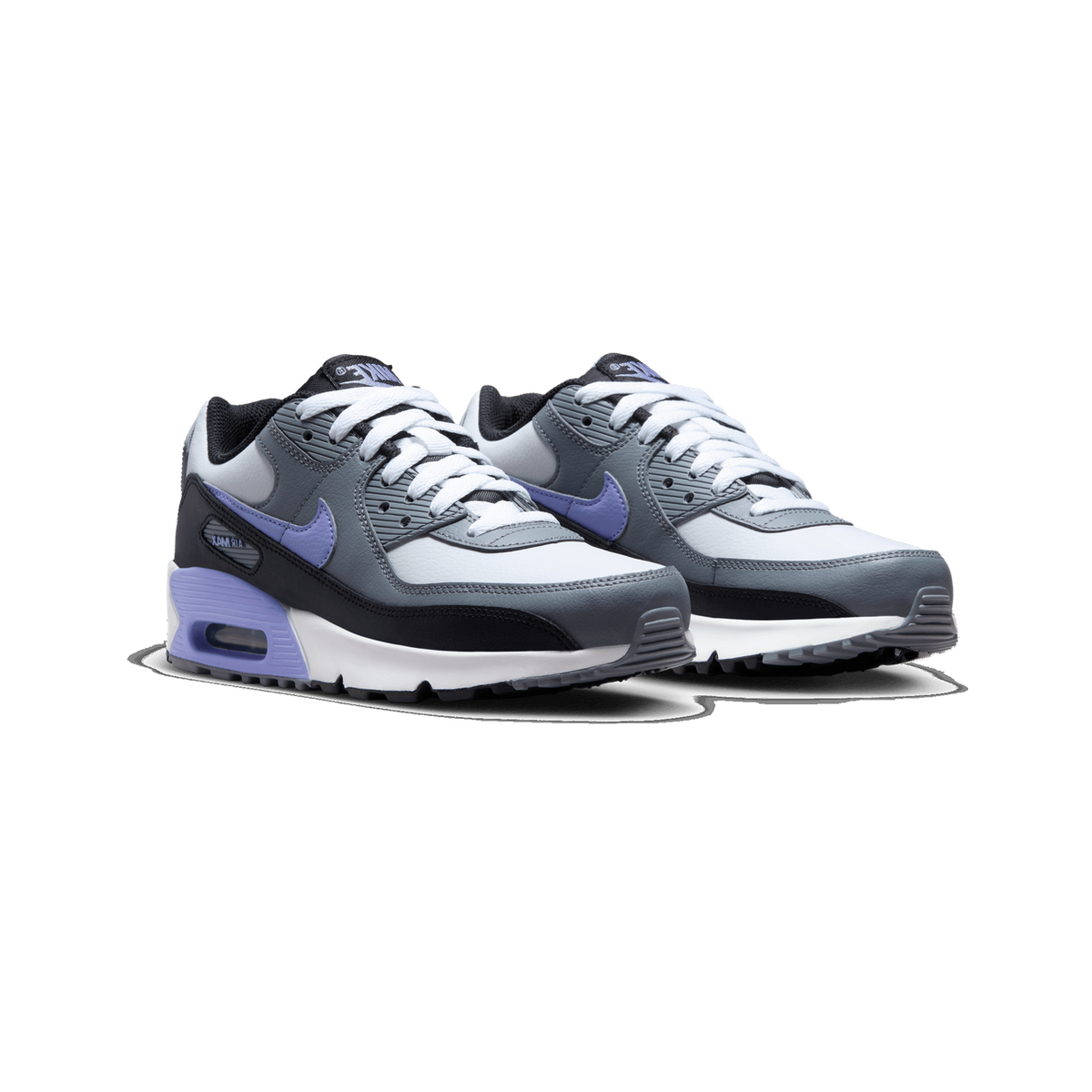 Pair of Nike Air Max 90 Leather sneakers in white, gray, black and purple, angled toward the left with visible purple Swoosh logos and visible air unit in the heel.
