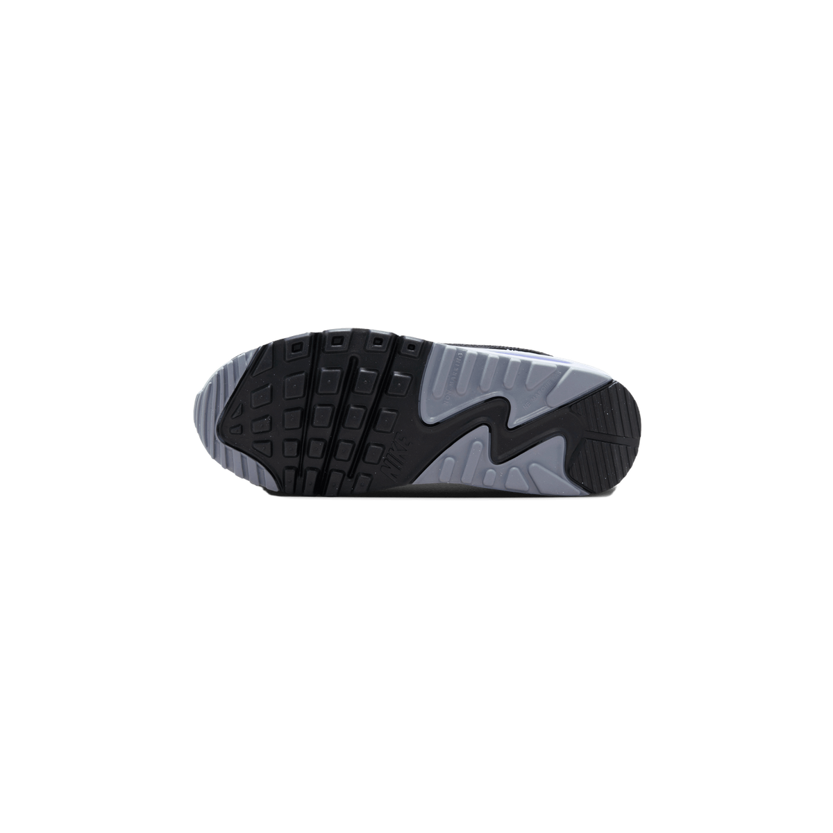 Bottom view of a Nike Air Max 90 sneaker showing the black and gray waffle-patterned outsole with Nike branding on the midsole.