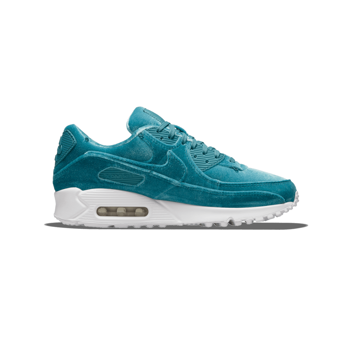 A single teal velvet Nike Air Max 90 sneaker shown from the side with the toe pointing left, featuring a white midsole, visible Air Max window, and a Swoosh on the upper.