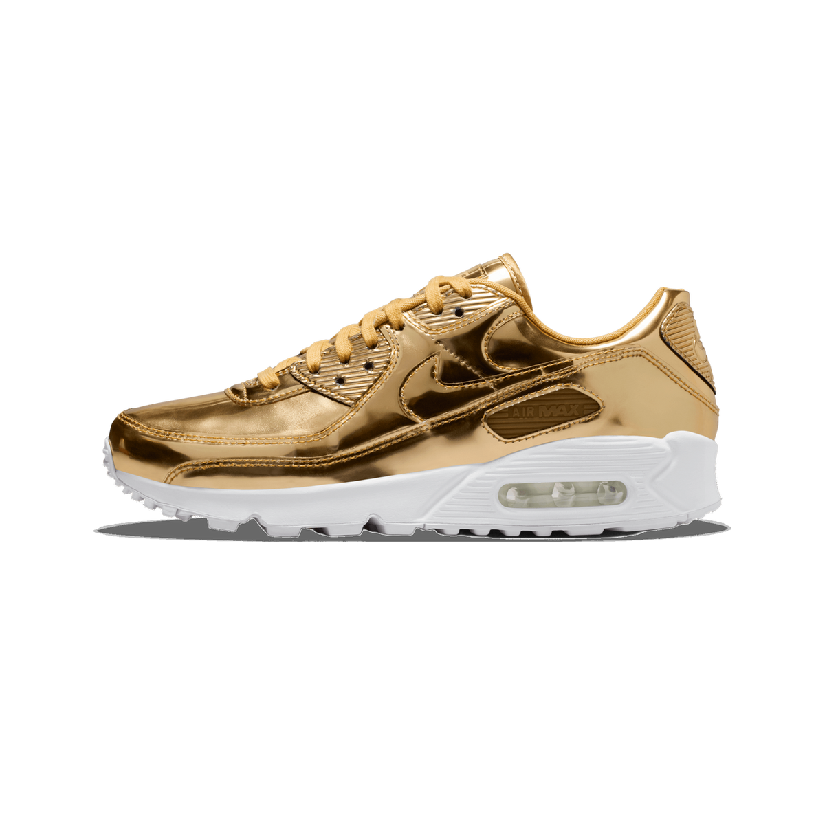 Side view of a metallic gold Nike Air Max 90 sneaker with toe pointing left, featuring a visible Swoosh logo and white midsole with visible Air cushioning unit