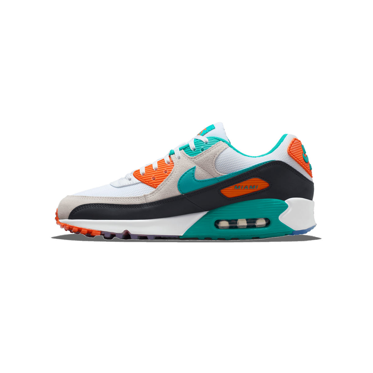 Lateral view of a white Nike Air Max 90 sneaker with teal swoosh, orange accents, black heel panel, and visible Air cushioning in the midsole, toe pointing left