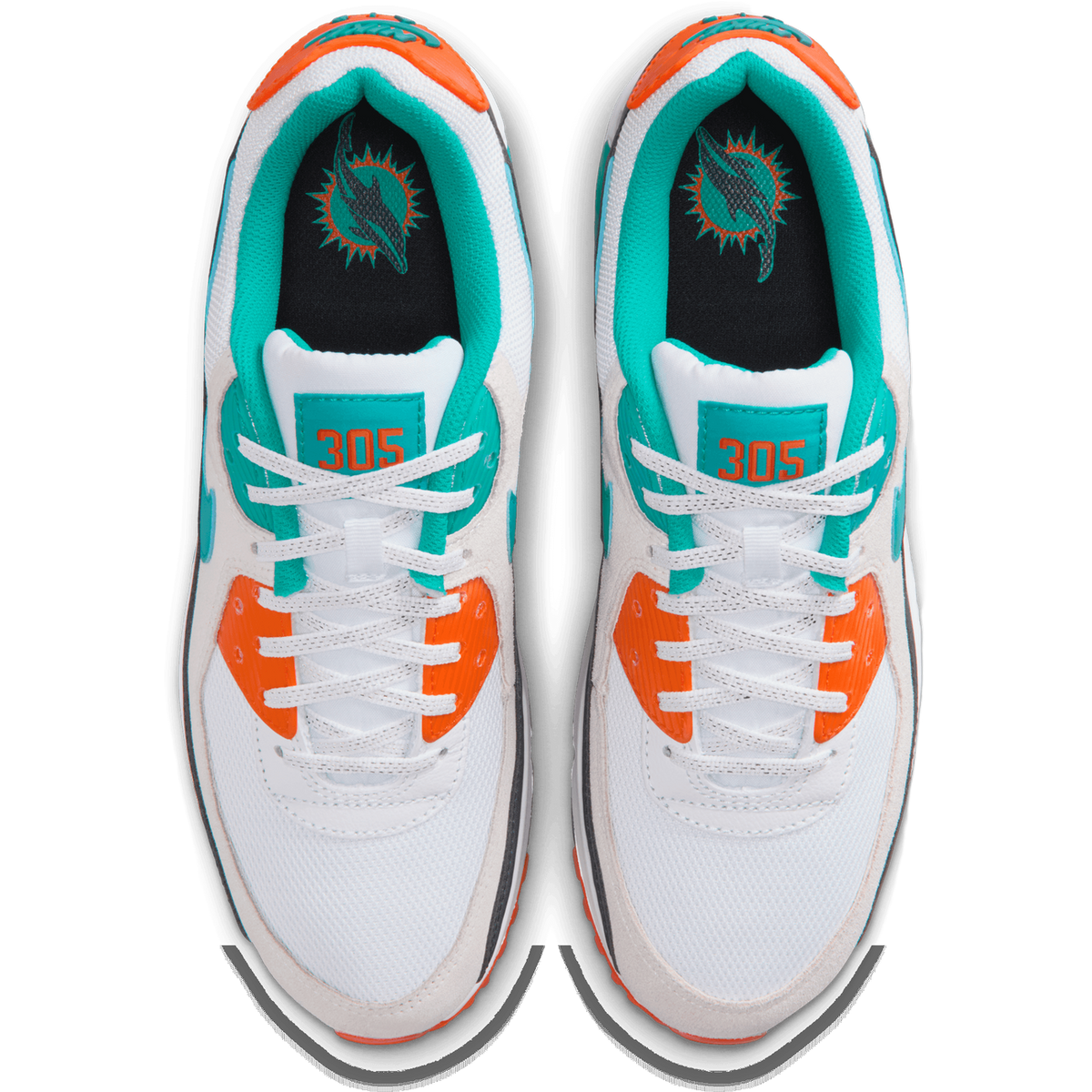 Top-down view of a pair of white Nike Air Max 90 sneakers with teal and orange accents, '305' text on the tongue, and a Miami Dolphins logo on the insole.