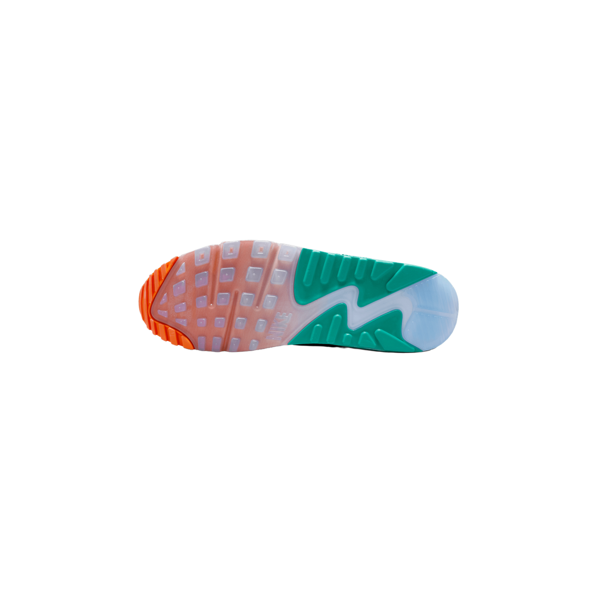 Bottom view of a Nike Air Max 90 outsole featuring orange, pink, green, and blue tread sections with a visible Nike logo