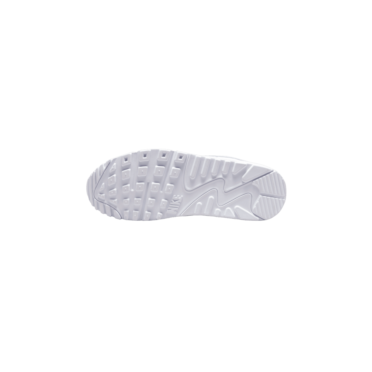 Underside of a white sneaker showing the full white outsole with a tread pattern of square lugs, a 'NIKE' wordmark near the midfoot, and grooved edges at the heel and forefoot.