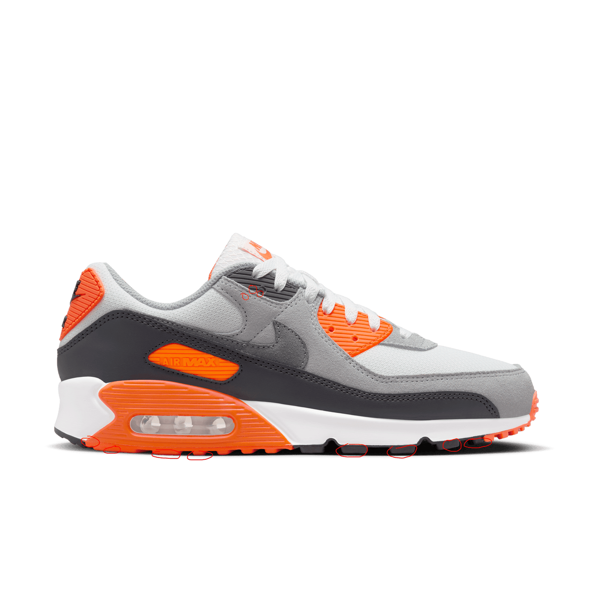 Side view of a white, grey, and orange Nike Air Max 90 sneaker with visible Air cushioning unit and orange Swoosh logo, toe pointing left